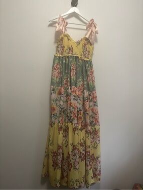 Floral Tie-Shoulder Maxi Dress in Yellow and Pink